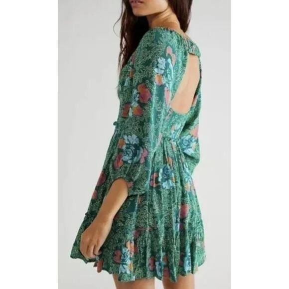 Free People Womens Endless Summer Picnic Printed Smocked Mini Dress Green Floral - Picture 2 of 11